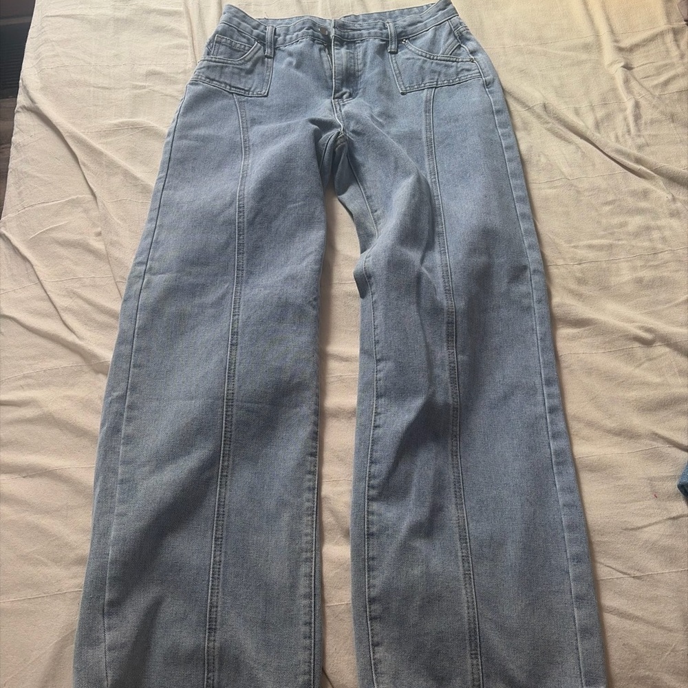 SHEIN Light Blue Wide-Leg Seam-Panel Jeans